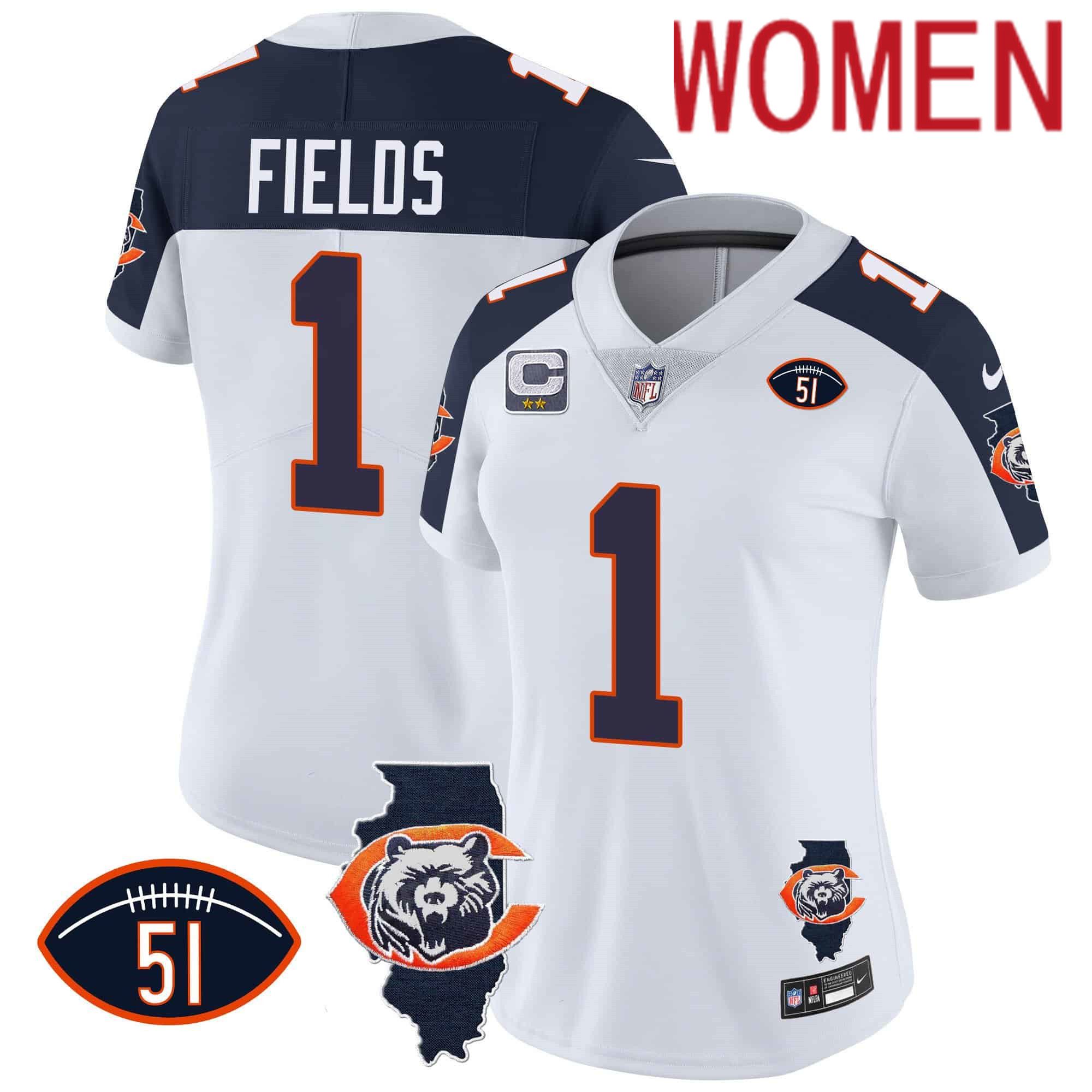 Women Chicago Bears 1 Fields White 2024 Nike Throwback Illinois Patch Vapor NFL Jersey style 2